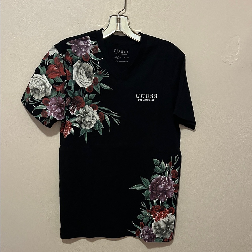GUESS Black V-Neck Tee with Red, White & Green Floral Accents
